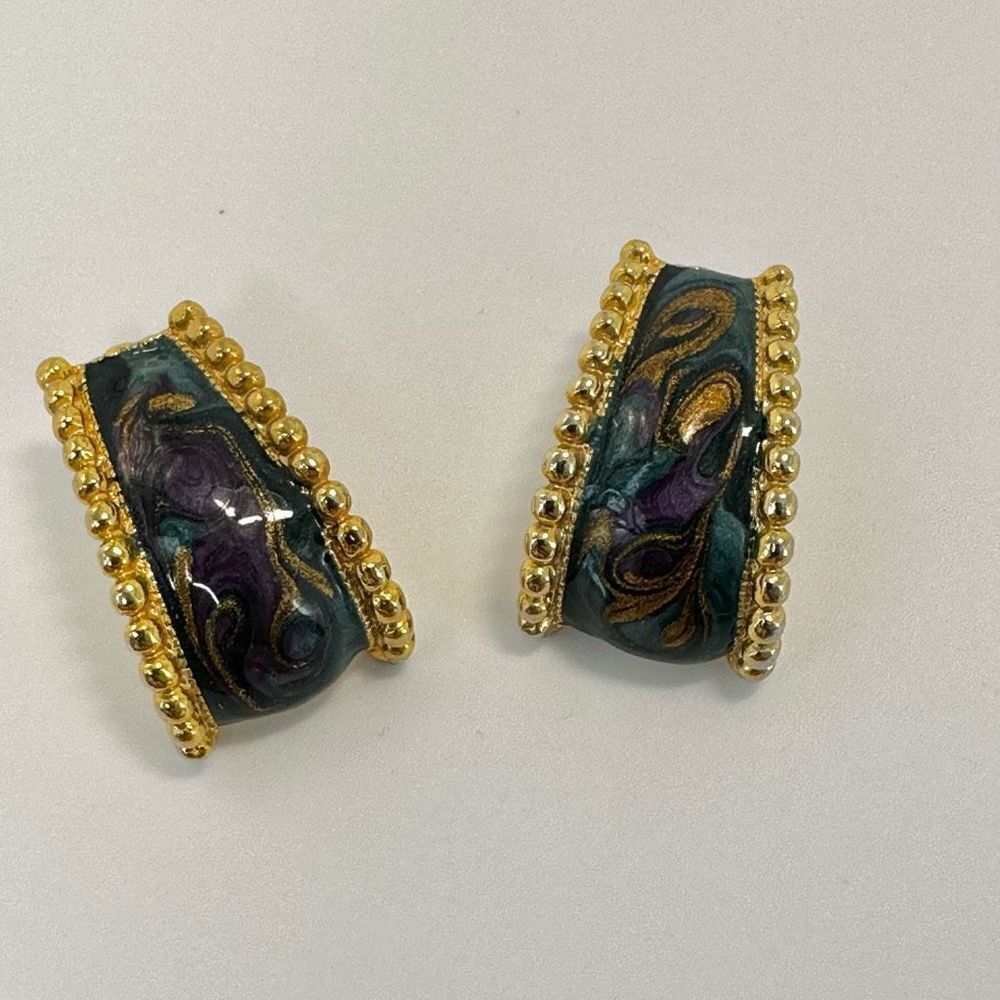 Gold tone blue and purple half hoop earrings